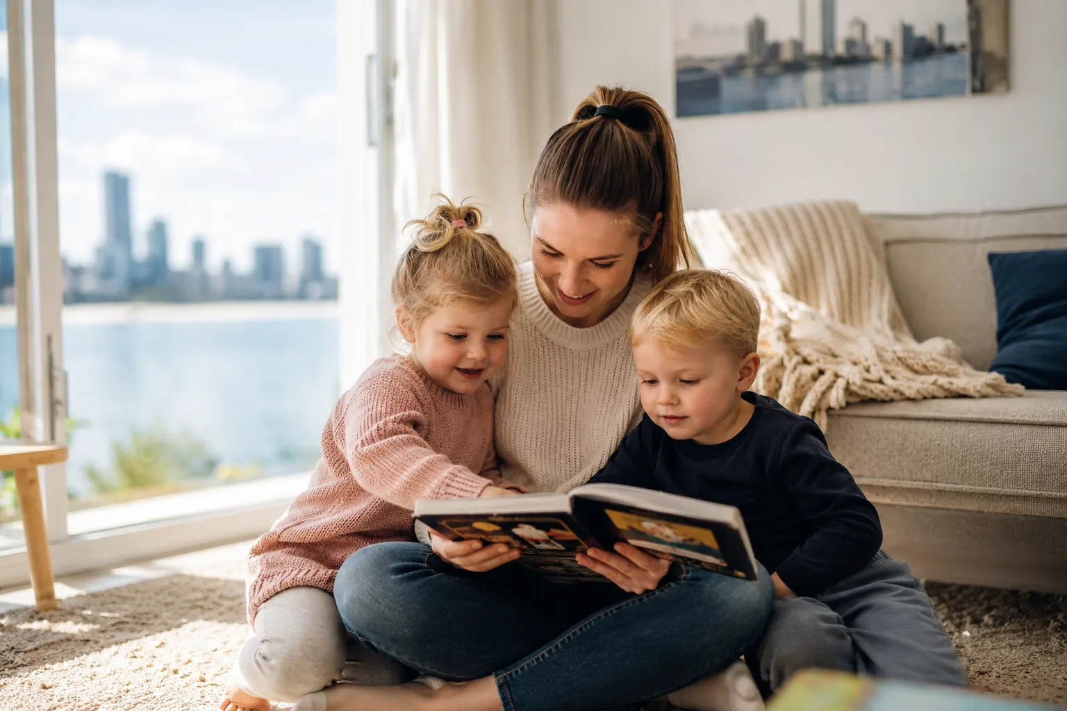 Warm babysitter reading a picture book with two young children in a bright Perth living room overlooking the river and city skyline